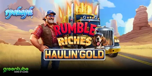 Tampilan visual truk dan simbol emas dalam permainan slot Rumble Riches Haulin Gold